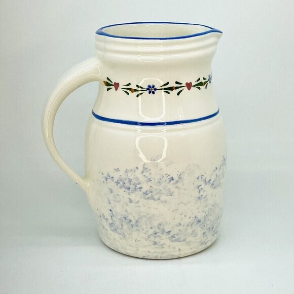 Jo-Chen Blue White Pottery Pitcher Hand Painted Blue Trim Red Hearts USA - Picture 9 of 10
